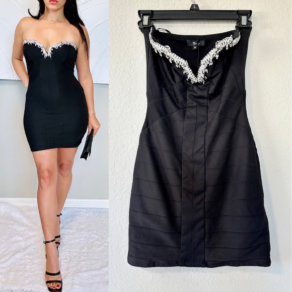 Sky Black Strapless Bandage Tiger Rhinestone Dress - Picture 3 of 14